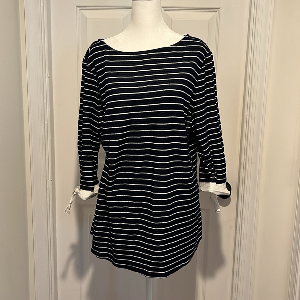 Gently worn: Blue and white striped top, 3/4 sleeves, size XL.